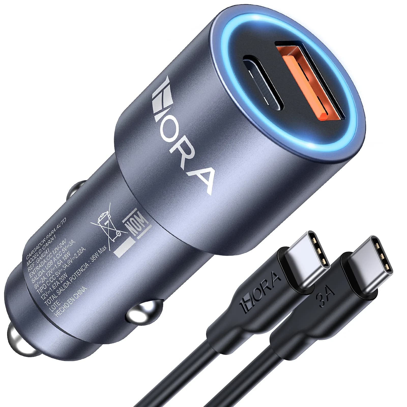 Cargador Auto 1HORA GAR241 — 38W USB-A + Tipo C - 1